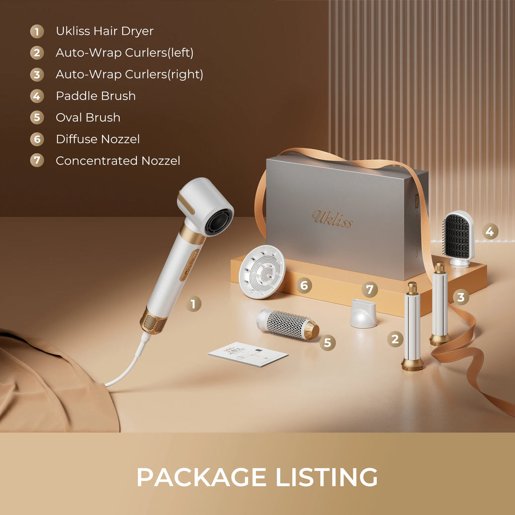 Brosse Soufflante 7 en 1 UKLISS – Sèche-cheveux Moteur Brushless Haute Vitesse, Ionique, Diffuseur & Bigoudi Automatique