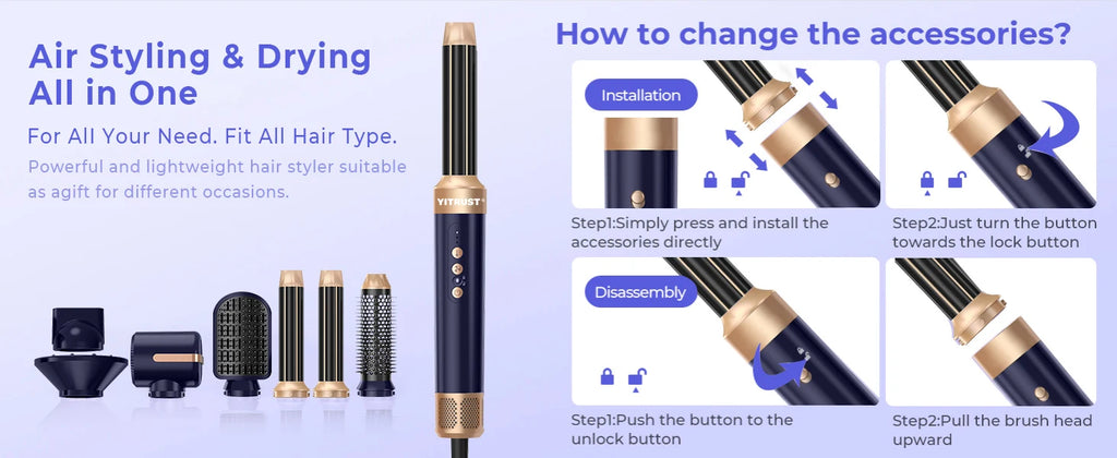 Brosse Soufflante 7 en 1 UKLISS – Sèche-cheveux Moteur Brushless Haute Vitesse, Ionique, Diffuseur & Bigoudi Automatique