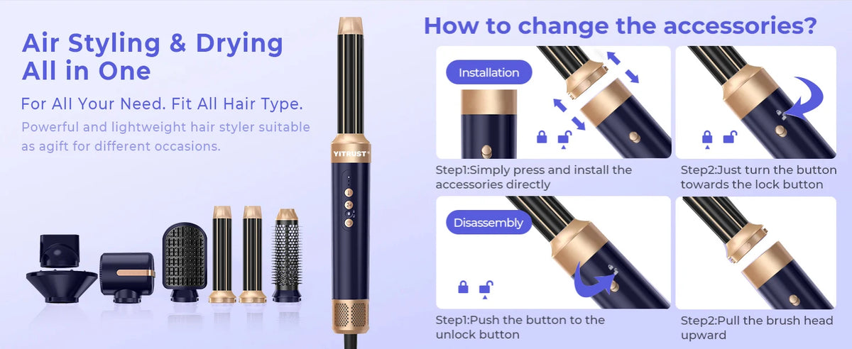 Brosse Soufflante 7 en 1 UKLISS – Sèche-cheveux Moteur Brushless Haute Vitesse, Ionique, Diffuseur & Bigoudi Automatique