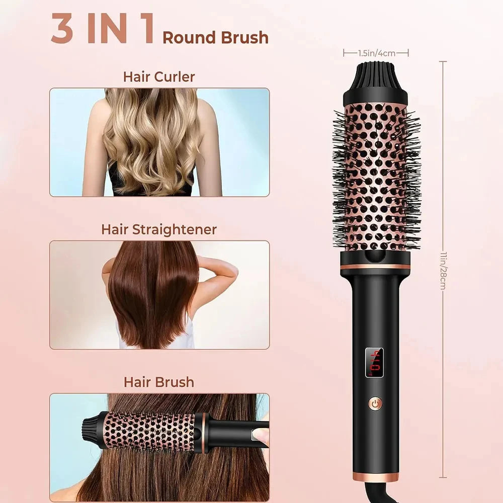 Fer à boucler et lisser ionique 3 en 1, brosse chauffante professionnelle, brosse chauffante anti-brûlure, baguette à boucler